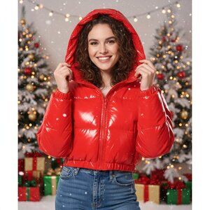 Women Red Cropped Puffer Jacket